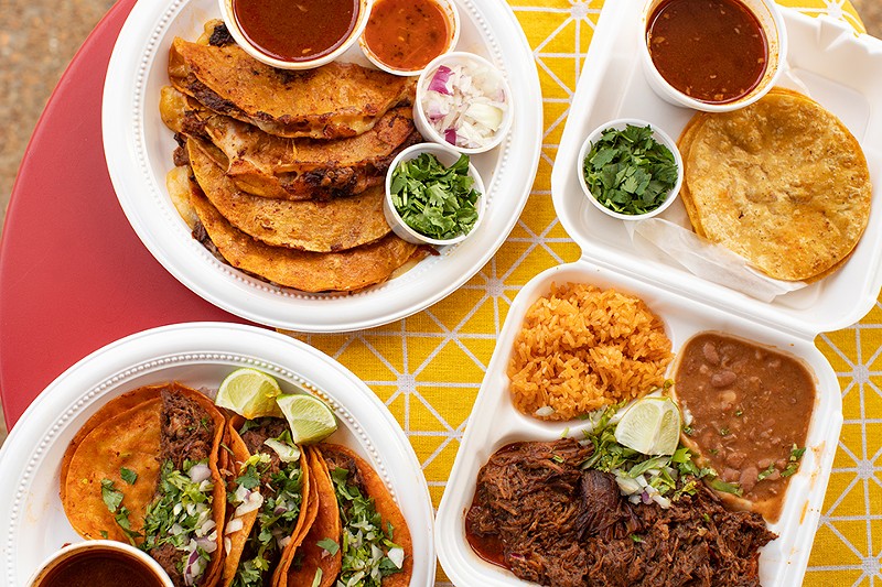 A selection of items from Tacos La Jefa: small quesabirrias, birria tacos and birria plate. - MABEL SUEN