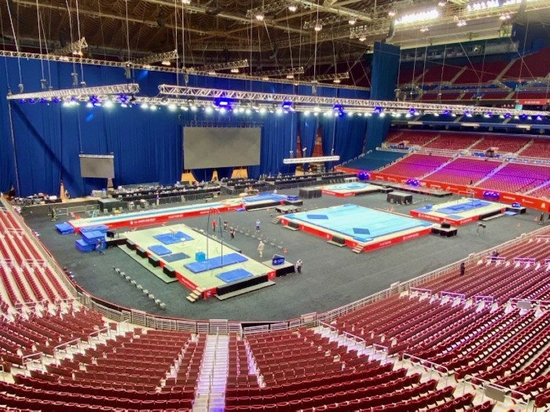 The floor of the Dome at America's Center is set up in the days leading up to the 2021 Olympic Team Trials. - Coeli O'Connell