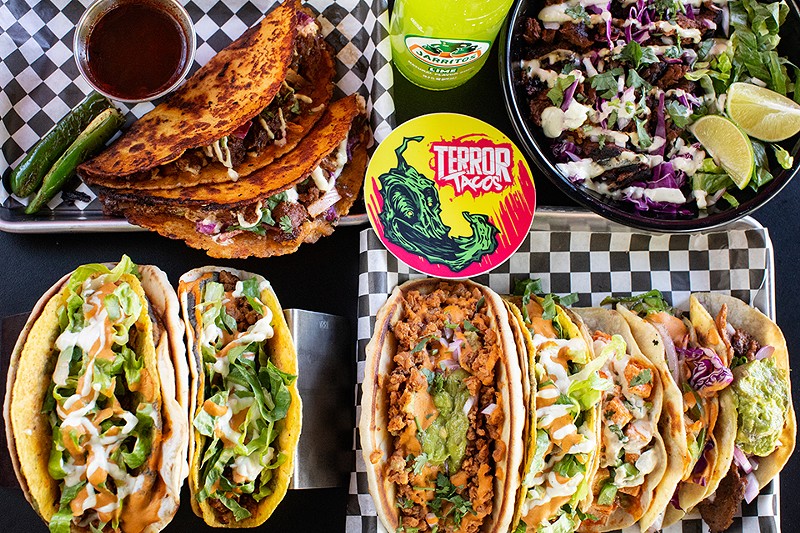A selection of items from Terror Tacos: birria tacos, birria bowl, Behemoth taco, Double Diablo taco and Fright of Tacos. - MABEL SUEN