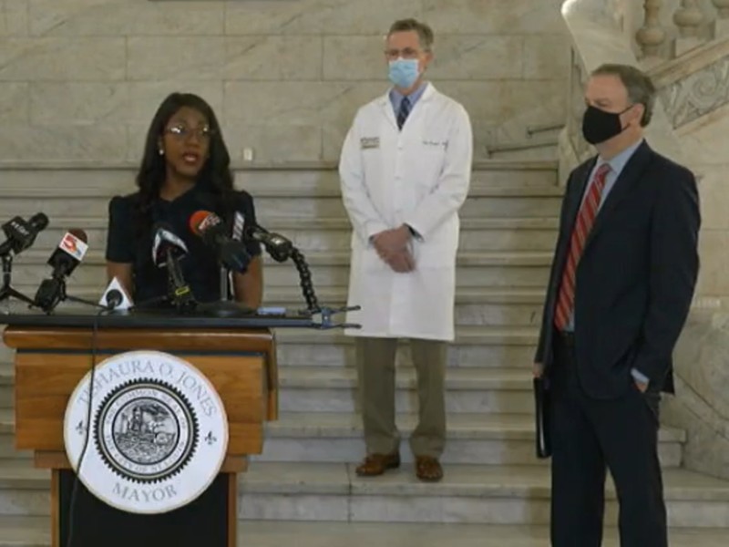 Mayor Tishaura Jones (left), Dr. Clay Dunagan (middle), and St. Louis County Executive Sam Page (right) answer questions at a press conference about the reinstated mask mandate. - Screengrab from Mayor Tishaura Jones  / Facebook Live