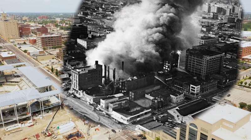 A composite photo of the 1976 Heyday fire with the area today, as featured in a new documentary on Escape from New York. - SCREENSHOT VIA YOUTUBE