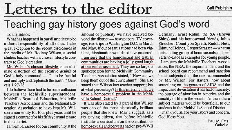 A 1994 letter to the editor that Wilson saved and underlined is an example of the backlash. - COURTESY RODNEY WILSON