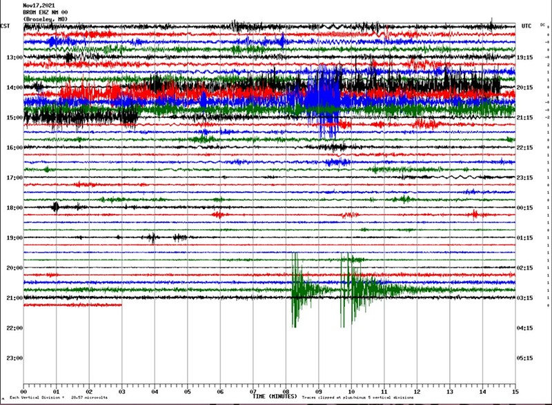 A seismograph taken from a sensor near Broseley (in green) recorded a November 17 earthquake. - NATIONAL WEATHER SERVICE