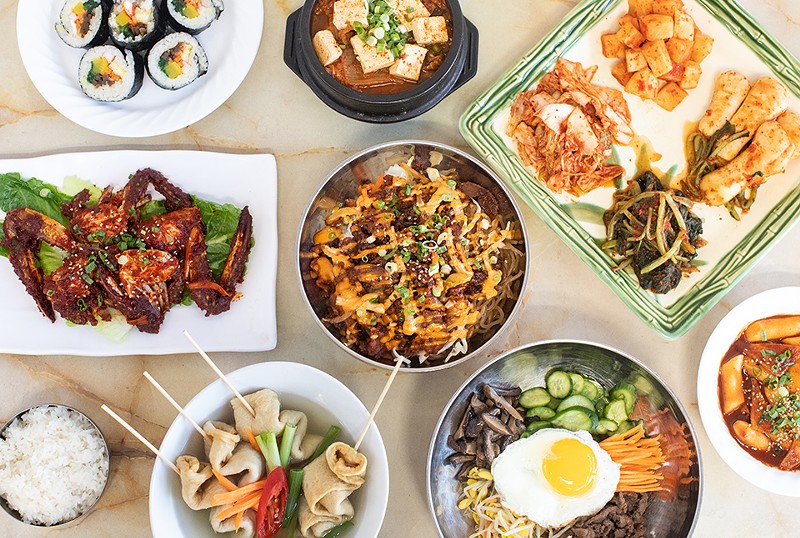 A selection of items from Sides of Seoul: kimbop, kimchi jjigae, kimchi, marinated raw spicy crab, spicy pork bowl-bop, uhmook, bibimbop and tteokbokki. - MABEL SUEN