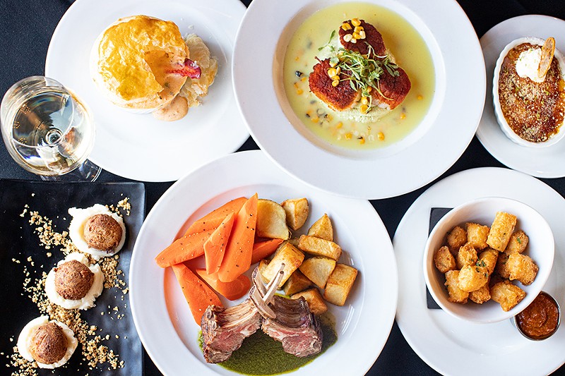 A selection of items from Timothy's The Restaurant: lobster pot pie, scallops, key lime crème brulée, carrot cake fritters, New Zealand lamb chops and fontina tater tots. - MABEL SUEN
