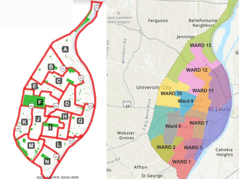 On the left, the first draft of the ward map. The Board of Aldermen approved the map on the right on December 14. - Individual maps provided by the City of St. Louis