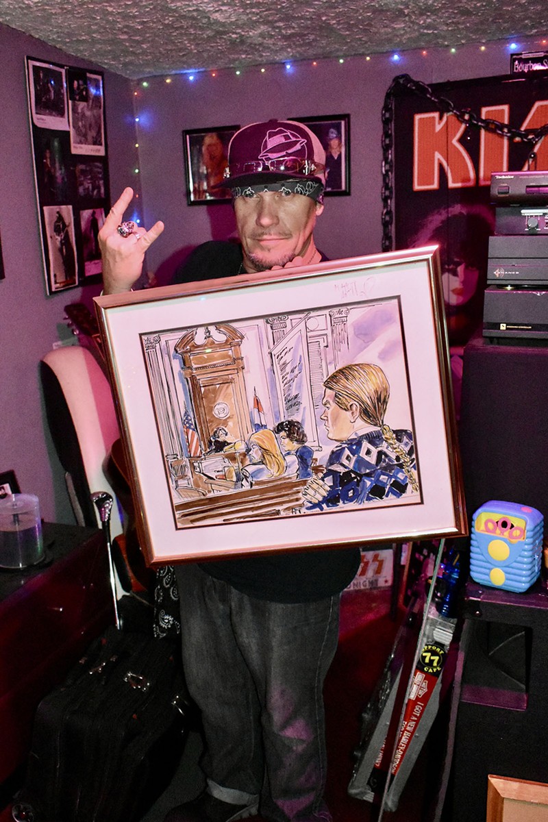 Stump'S framed courtroom sketch of Axl Rose and himself are part of a vast personal collection of rock & roll memorabilia. - REUBEN HEMMER