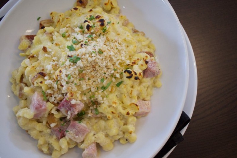 The spaetzle pairs ham and cheese with chives and breadcrumbs. - CHERYL BAEHR
