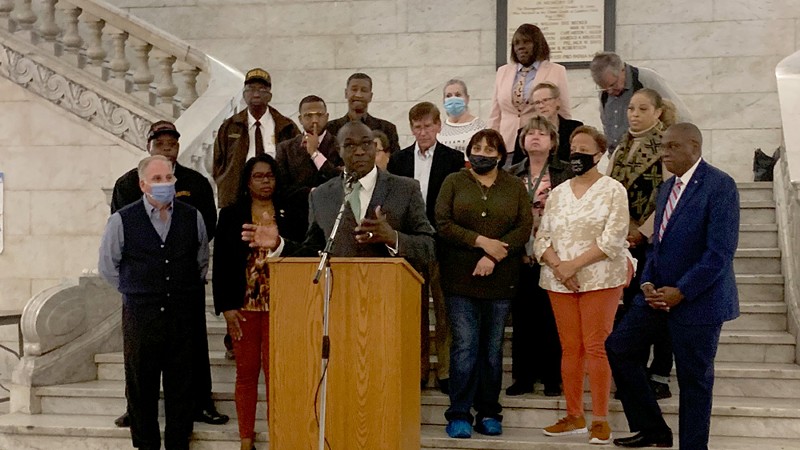 Board of Aldermen President Lewis Reed speaks in opposition to Proposition R at a press conference Monday. - MONICA OBRADOVIC