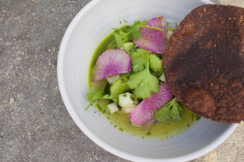 The green vegetable aguachile is made with kohlrabi, cucumber, Serrano chile and tomatillo. - Cheryl Baehr