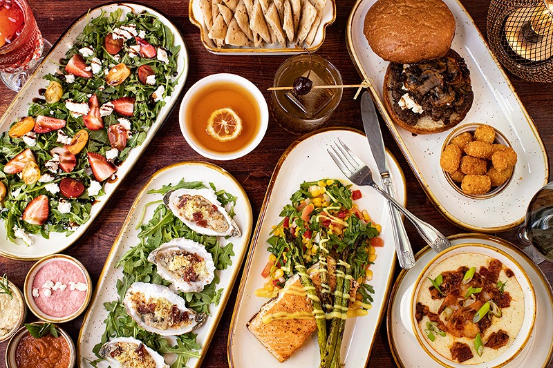 Black Sheep’s (clockwise from top left) strawberry and tomato salad, pita, truffle burger with tater tots, shrimp and grits, pan-seared salmon and baked oysters. - Mabel Suen