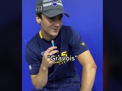 Jimmy Snuggerud, Blues Prospect from Minneapolis, trying to pronounce Gravois. - SCREENGRAB