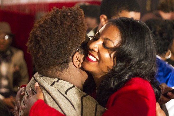 Tishaura Jones embraces Kayla Reed during an election watch party Tuesday night. - PHOTO BY DANNY WICENTOWSKI