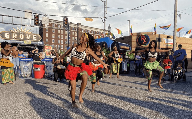 A group of women dance during GroveFest.