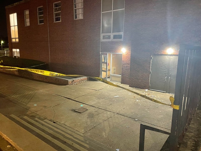 A smashed door outside of Central VPA High School - Benjamin Simon