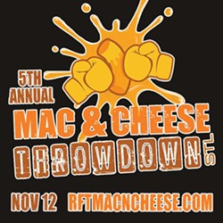 The picture reads, "5th annual Mac & Cheese Throwdown STL, Nov 12, rftmacncheese.com." It features a photo of two boxing gloves punching a piece of macaroni.