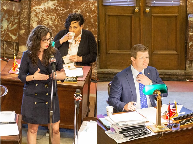 Megan Green (left, at microphone) and Jack Coatar at a Board of Aldermen meeting in 2019. - RYAN GAINES