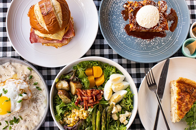 Some Clara B’s Kitchen Table favorites including the breakfast sandwich, French toast, quiche, autumn cobb salad, and biscuits and gravy.