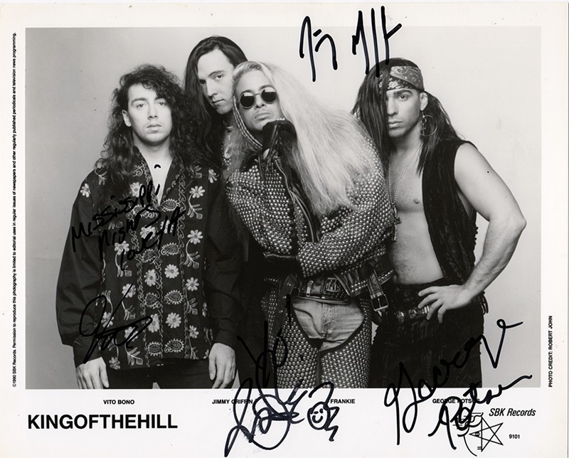 A signed promo shot of one of St. Louis' breakout glam bands King of the Hill.