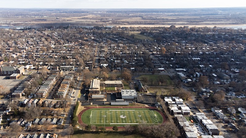 A drone shot captures the St. Mary's football field and 27 acre campus in the Dutchtown neighborhood.