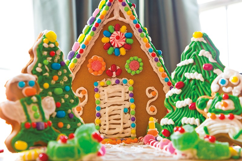 Close up shot of a gingerbread house.