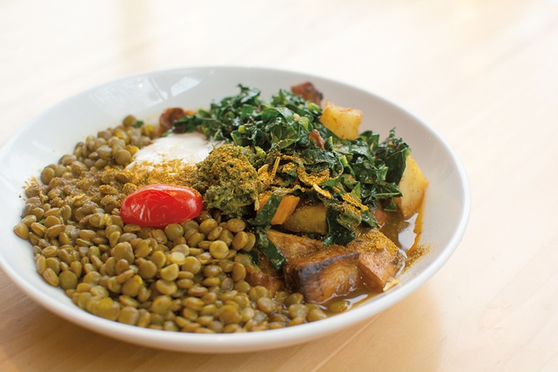 The Vandovan Bowl features turmeric-spiced lentils, sweet potatoes, cashew cream and cilantro chutney.