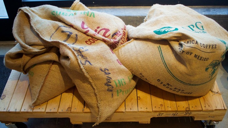 Coffee bags decorate the space.