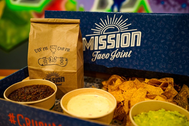 Mission Taco is offering a chips and salsa and queso package on game day.
