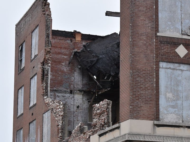 The building at Tyler and North 10th streets after one of its walls partially collapsed.