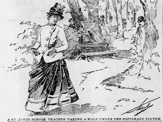 Illustration from the September 27, 1891 edition of the P-D: A teacher strolls unaware of the men peeking out at her.