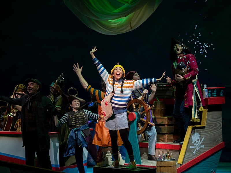 In Spells of the Sea, Finley Frankfurter (center) stands on a pirate ship on stage.