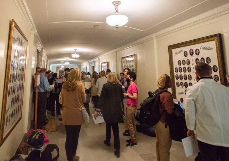 Approximately 50 people wait to testify outside of a packed hearing room as State Sen. Mike Moon, R-Ash Grove, presents a bill that seeks to prevent the instruction of “gender identity and sexual orientation” in schools Feb. 7, 2023 - Annelise Hanshaw/Missouri Independent)