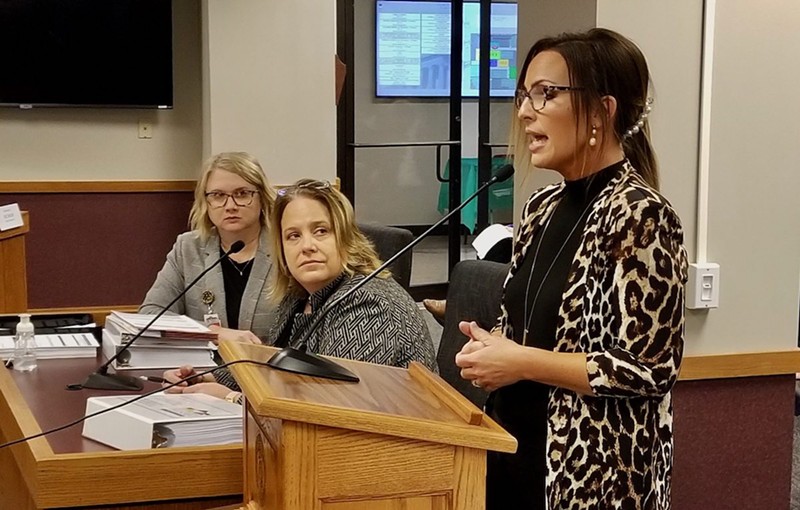 Jessica Bax, director of the Division of Developmental Disabilities, speaks during a March 8 House Budget Committee hearing with Department of Mental Health Director Valerie Huhn, center, and Molly Boeckman, director of administrative services.