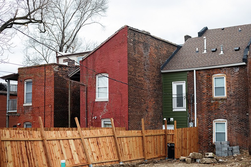 A Soulard "half" house, where the roof descends sharply in one direction, so rain can run off quickly.