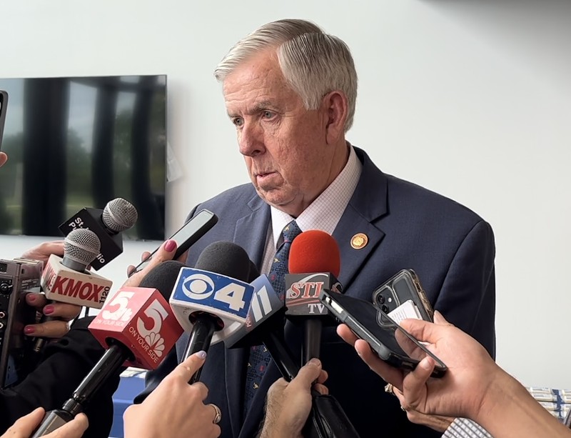 Governor Mike Parson speaking to reporters after Circuit Attorney Kim Gardner announced her resignation.