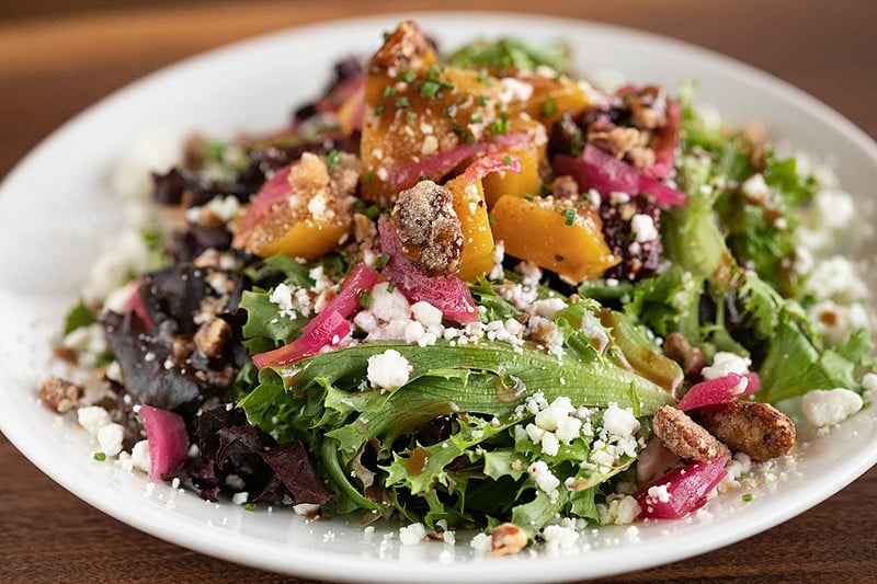 Westchester's roasted beet salad with Lucky Dog Farm greens, goat cheese, pickled onions, pecans, honey and thyme vinaigrette.