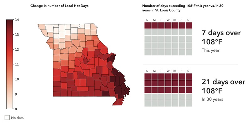 A recent national risk assessment projected St. Louis County to see 21 days a year with temps above 108 degrees in just three decades. - COURTESY FIRST STREET FOUNDATION