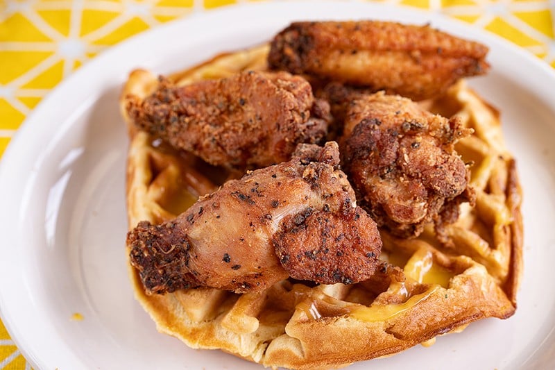 Dishes include the chicken and waffles.