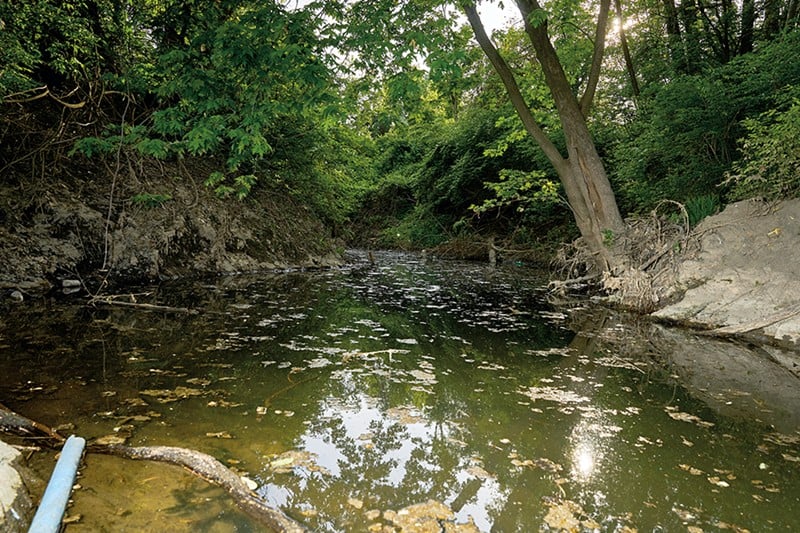 Coldwater Creek runs by the St. Louis airport and through Florissant and Hazelwood before flowing into the Missouri River. The creek is contaminated by nuclear waste left over from the effort to build the first atomic bomb during World War II. - THEO WELLING