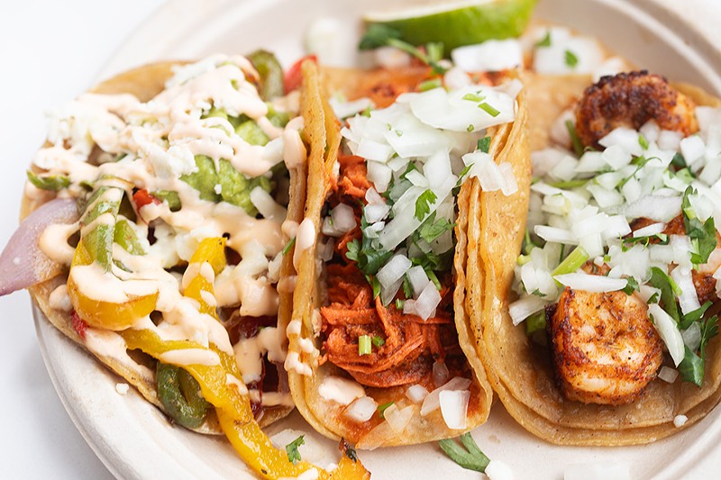 Street tacos are available with fillings such as grilled veggies, chicken tinga and shrimp.
