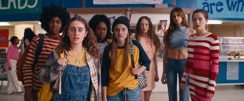 Josie (Ayo Edebiri) and PJ (Rachel Sennott), on the far left, cope with the absurdity of high school. - COURTESY OF ORION PICTURES INC © 2023 ORION RELEASING LLC