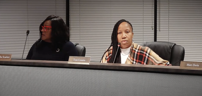 Board President Toni Cousins, right, with Superintendent Keisha Scarlett, adjourned the meeting early. - SCREENSHOT VIA YOUTUBE