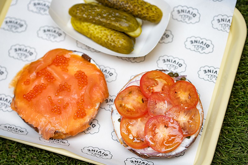 The bagel menu includes a marble bagel with hand-sliced lox and trout roe.