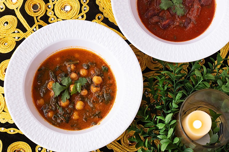 Chickpea masala and kidney bean stew are two vegetarian offerings.