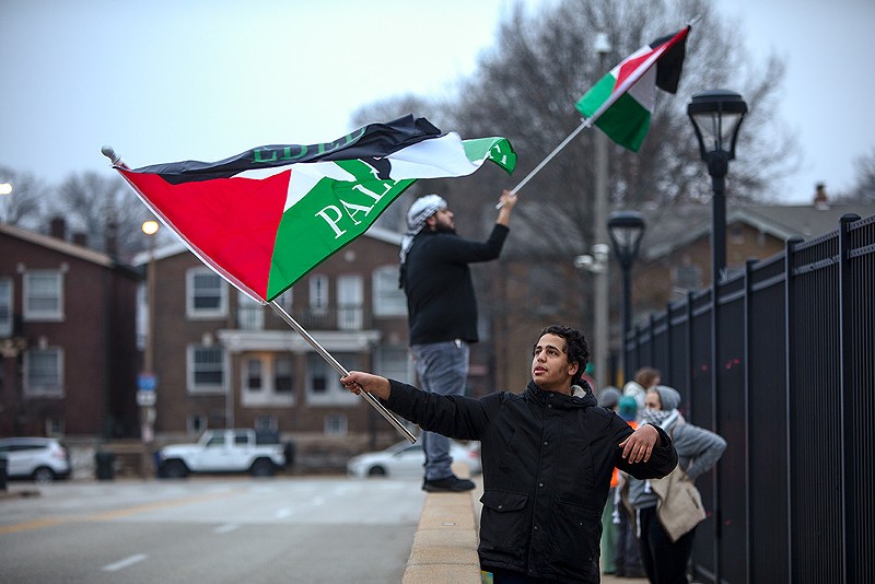 Demonstrators wave Palestinian flags during a protest on Friday, February 2, 2024, in St. Louis. - ZACHARY LINHARES