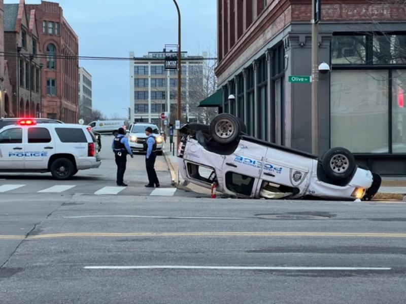 A St. Louis police SUV ended up bottoms up after a crash in Downtown West on January 7, 2024. - AARON BUNSE