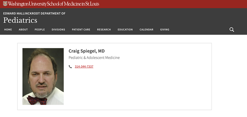 As of yesterday, Dr. Craig Spiegel was still listed on Wash U's website. - SCREENSHOT
