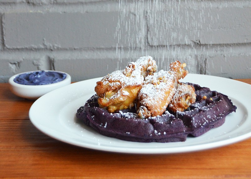 Manileno's Sunday brunch menu includes chicken and ube waffles with ube butter and maple syrup. - MICHELLE VOLANSKY