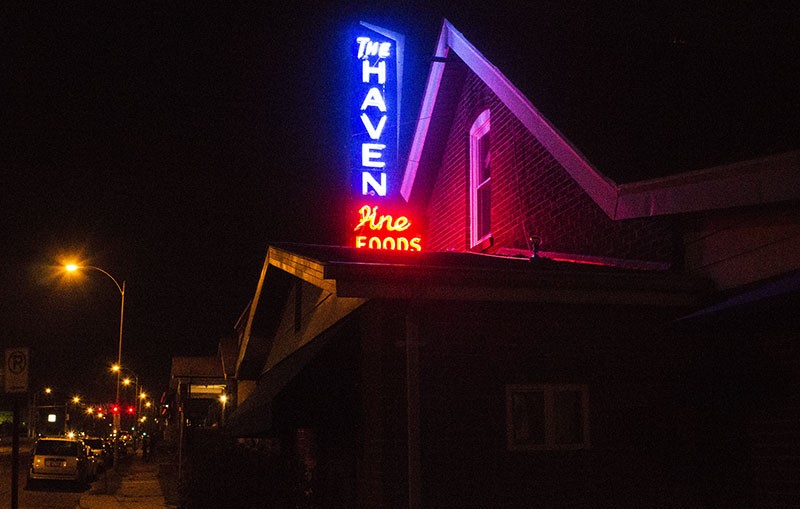The Haven bar and grill at night time.