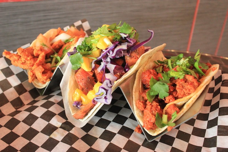 Tacos al pastor, with chicken and chorizo. - PHOTO BY SARAH FENSKE